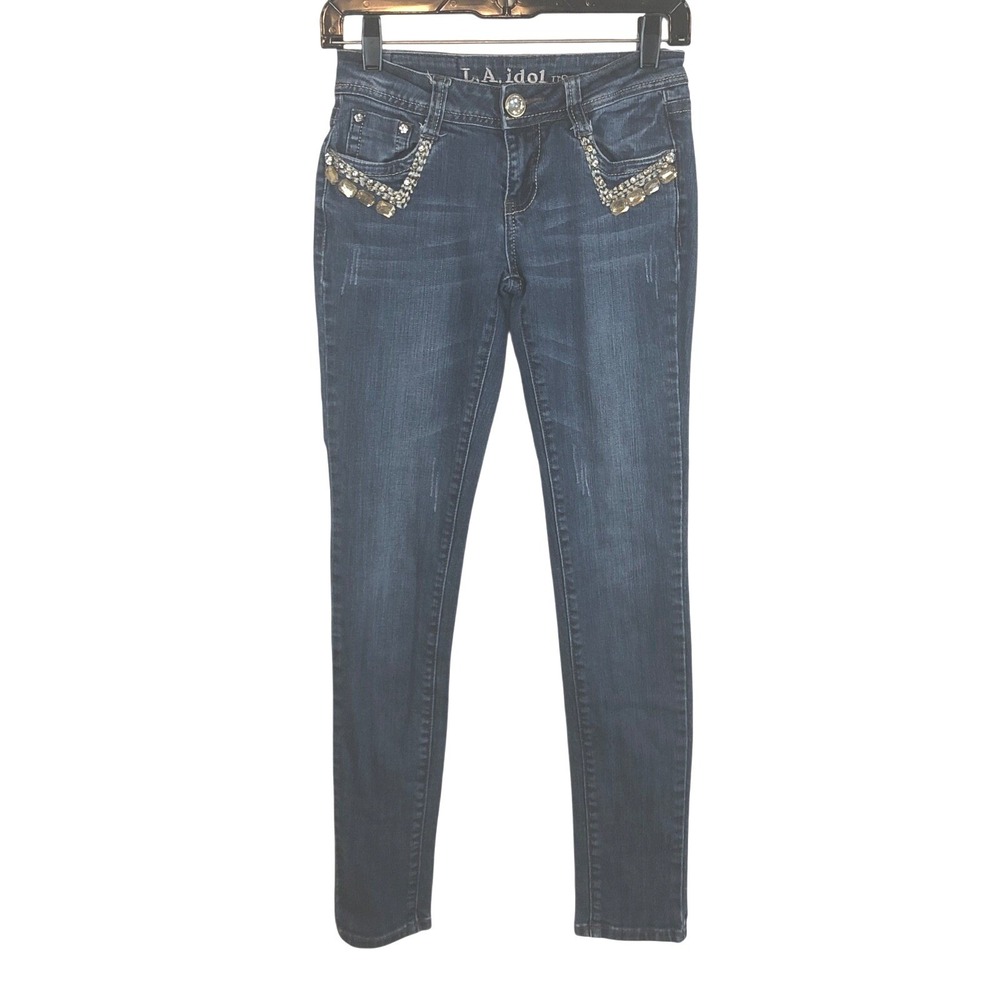 LA Idol Y2K Bling Jeans Sz 3 Low Rise Rhinestone Pocket Glam Skinny